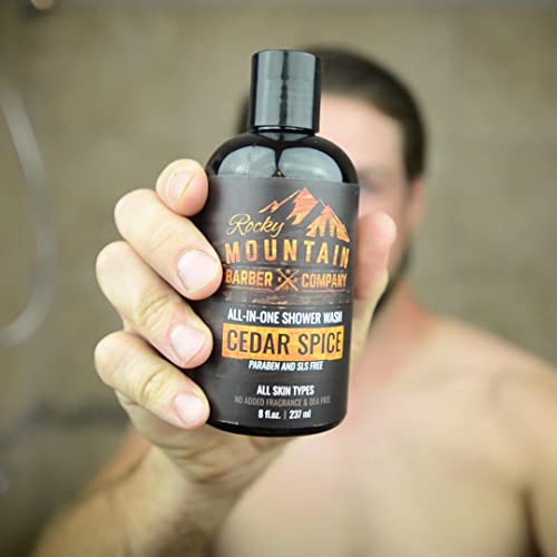 Rocky Mountain Barber Company Cedar Spice All-In-One Body Wash ? Shampoo, Body Wash, Conditioner, Face Wash & Beard Wash with Essential Oils - 8 oz