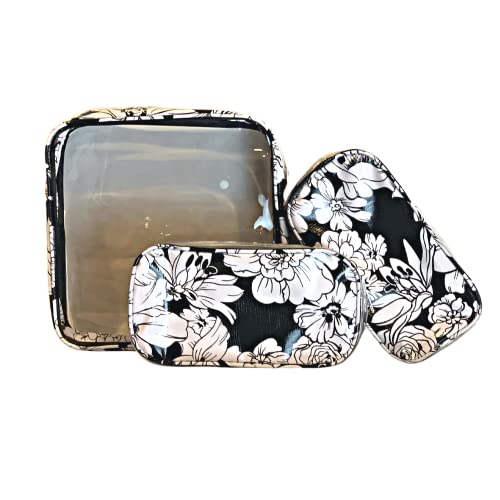Alux 3-Pc Travel Makeup Bags for Women; Multi-Color, Chic and Stylish Travel Toiletry Bag Set; Large and Medium Makeup Bags for Vanity and Luggage and Small Makeup Bag for Purse - Chrysanthemums Gold