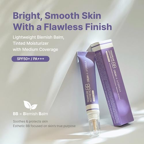 TROIAREUKE Aesthetic BB Cream A+ Formula (21 Beige) SPF50+ PA+++, Lightweight Blemish Balm, Tinted Moisturizer with Medium Coverage, Lasting Foundation Makeup Base for Oily Skin | Korean Beauty Makeup
