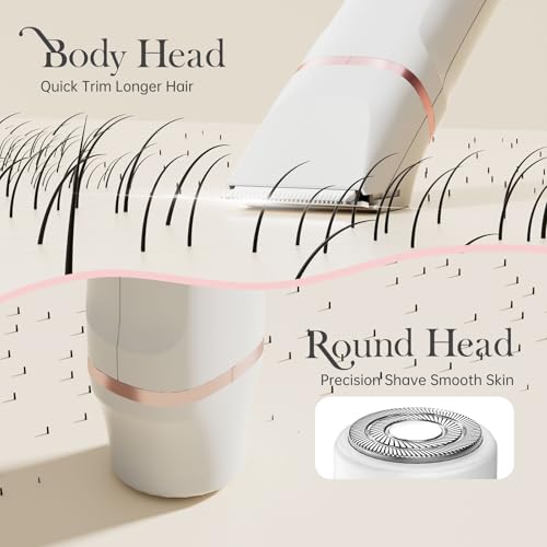 Bikini Trimmer for Women - Electric Razors for Women's Body Groomer, Replaceable Ceramic Blade Heads, Face Hair Remover Head, USB-C&Dock Charging, Waterproof&Easy Cleaning White