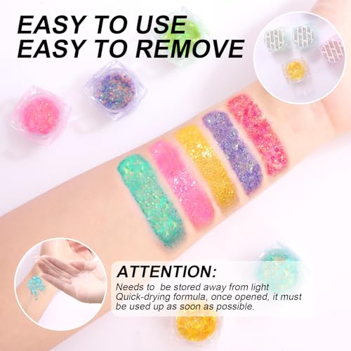 Glow in The Dark Face & Body Glitter Gel ? 12 Colors Chunky Holographic Glitter for Hair, Body, Festival, Party, Rave Makeup, Washable Cosmetic Glitter for Women, Teens, Kids, Halloween