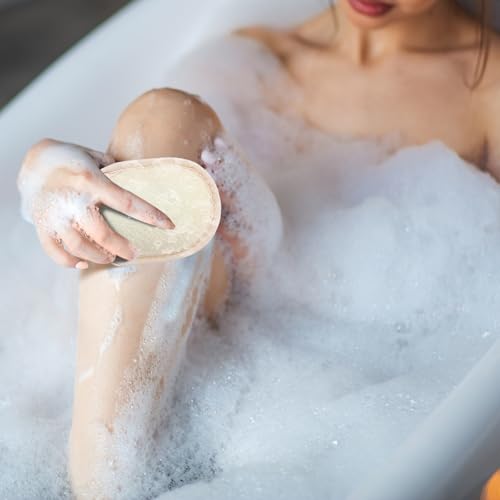 Sunnyray 4 Pcs Bath Body Exfoliating Soap Saver, Exfoliator Scrubber Pouch, Bath Loofah Sponge Body Scrubber Shower Sponge Exfoliating Mesh Pouf for Women and Men Bathing (Yellow)