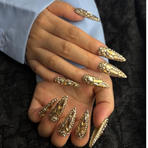 Trendy Handmade Press On Nails Long Stiletto Shape,10Pcs Bling Bling Acrylic Fake Nails with 3D Rhine Stone Luxury Design Stick On Nail for Woman Gift