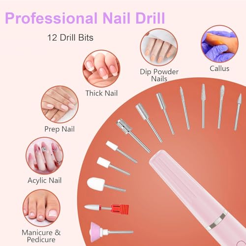 Electric Nail Filer, Professional Nail Drill Kit, Electric Nail Drill Kit, Portable File for Acrylic Gel Nails, Cordless Nail File Electric Manicure Pedicure Tools with Drill Bits for Home Salon