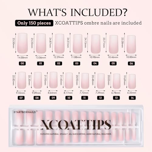 btartboxnails Pink Long Square Ombre Nails XCOATTIPS and Nail Gel Glue, Builder Gel, Top Coat Set