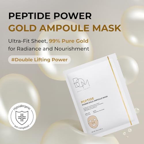 BOM COSMETICS Power Gold Ampoule Mask 0.88 oz, Peptide & Gold Sheet Mask for Hydration, Nourishment, Glow Skin ? High-Concentration Ampoule Essence, Moisturizer Collagen Facial Sheet, Korean Skin Care