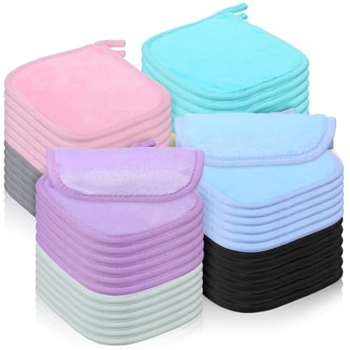 48 Pcs Makeup Remover Cloths Reusable Washable Remover Pads Soft Microfiber Washcloths Facial Cloths Makeup Towels for Women, 5.5 x 6.3 Inch(8 Colors)