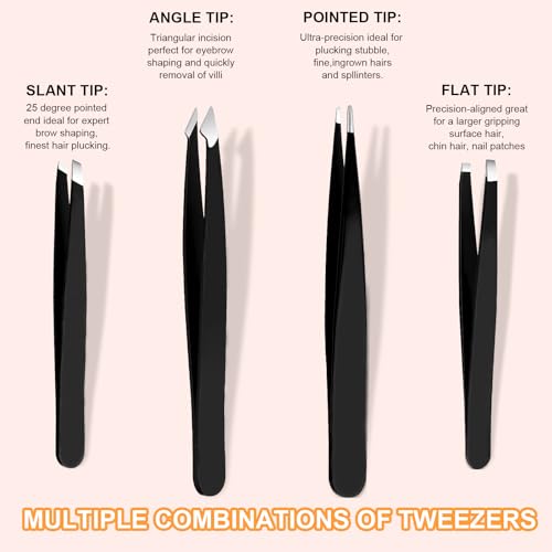 Yougai Tweezers Set,9 Pcs Professional Stainless Steel Tweezer Kit-Great Precision Eyebrow Tweezers for Ingrown Facial Hair with Leather Travel Case as Stocking Stuffing Gifts