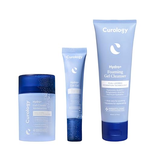 Curology Hydro+ Essentials Bundle, Foaming Gel Cleanser, Cream Moisturizer, and Cooling Caffeinated Eye Gel with Hyaluronic Acid, Peptides, and Niacinamide