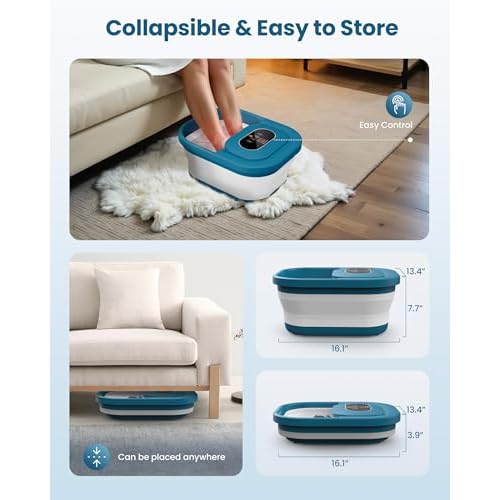COMFIER Collapsible Foot Spa Bath Massager with Heat, Pedicure Foot Spa with Bubbles, Red Light, Pumice Stone and Shiatsu Massage Rollers, Heated Bath Spa for Relaxation and Stress Relief (Blue)
