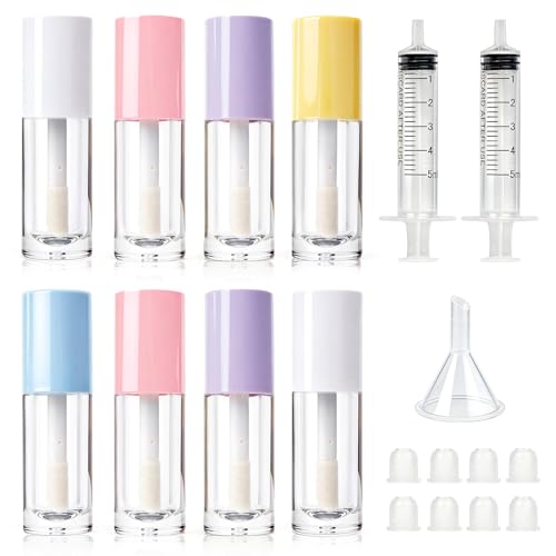 8 Pack Empty Lip Gloss Tubes with Wand & Rubber Insert, 6ml Refillable Clear Plastic Lipgloss Containers with Syringes & Funnel, Portable Leak-Proof Colorful Bottles for DIY Lip Gloss Balms