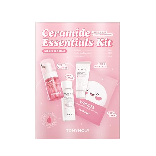 TONYMOLY Wonder Ceramide Mochi Essentials 4-Piece Skincare Set ? Travel Toner, Cleanser, Cream & Eye Patches, Hydrating Korean Skincare Kit