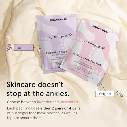 grace & stella Award-Winning Foot Peel Mask - Foot Peeling Mask with Aloe Vera - Moisturizing Foot Mask for Dry Cracked Feet - Foot Exfoliator for Baby Soft Feet (4 Pairs, Lavender) (Pack of 2)