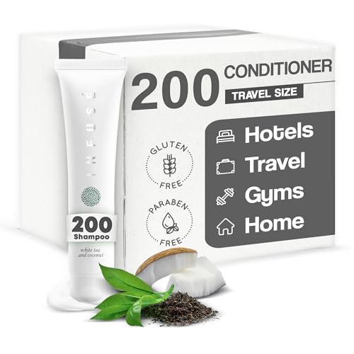 Eco Botanics Travel Size Hotel Conditioner 300 Count 0.85oz Bottles Guest Amenities for Vacation Rentals & Short Term Rentals Paraben Free White Tea Scent Infused with Aloe Honey and Olive Oil