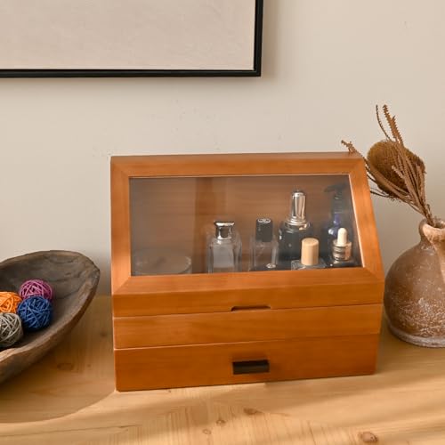 Cologne Organizer for Men, Pine Wood Bathroom Vanity Organizer Countertop, Desk Organizers with Drawer, 2 Tier Perfume Stand Holder, Men Jewelry Box, Ideal Gift for Him Dad Boyfriend