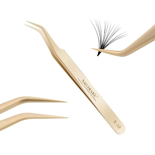 NAGARAKU Tweezers for Eyelash Extensions Curved Lash Tweezers for Volume Lashes Precision Pinzas Professional Easy Fanning Stainless Steel Precise Pointy Make Fans for Lashes Fanning(N-10)