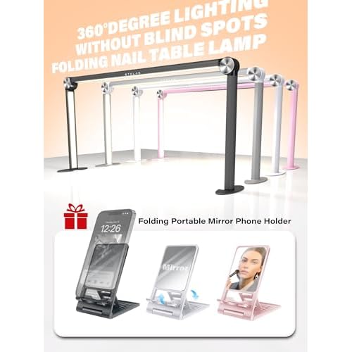STOLAS Half Moon Light for Nail Desk with Phone Holder, 14 inch Height 3 Modes 3000K-6000K Dimmable LED Light, Desk Lamp for Nail Tech (Silver)