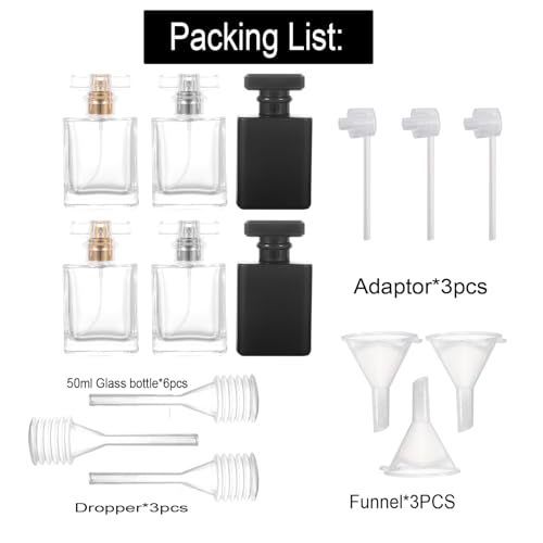 50ml/1.7oz Thick Square Flint Glass Refillable Perfume Bottle, Square Portable Cologne Atomizer Empty Bottle with Spray Applicator For Travel 6 Pack