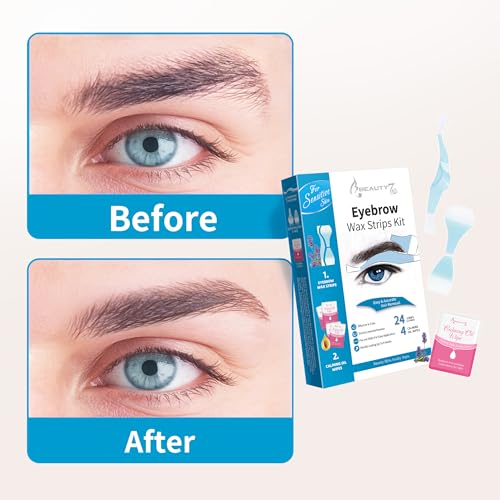 Beauty7 Sensitive Eyebrow Wax Strips, Facial Hair Removal for Men, Eyebrow Waxing Strips, 24 Strip 4 Calming Oil Wipes, Home Waxing for Men