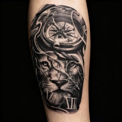 2 Sheets Realistic Animal Temporary Tattoos Stickers Gray Compass Lion Designs For Men Waterproof Arm Leg Fake Body Art, Gym & Parties Bold Masculine Decals