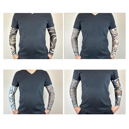 Fake Tattoo Sleeves for Men, 8 Pcs UV Protection Cooling Temporary Arm Buddha Dragon Flower Monster Tribal Sleeves