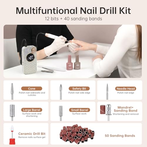 Electric Nail Drill, 40000RPM Cordless Nail File with 12 Drill Bits for Acrylic Nails Gel Polishing, E File Professional, Nail Kit Machine for Manicure Salon Home AB Diamond