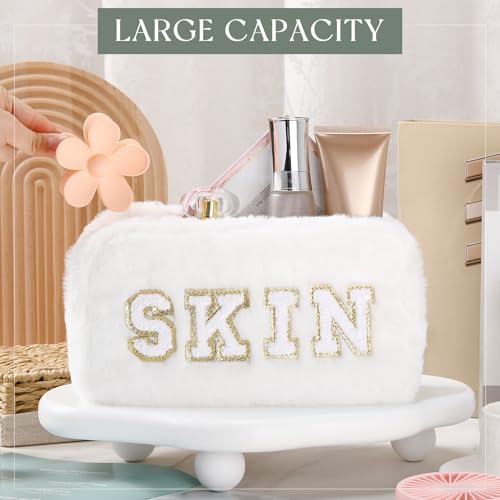 Paterr 4 Pieces Preppy Makeup Bag Chenille Letter Faux Fur Fluffy Bag Preppy Stuff Face Skin Hair Stuff Cute Toiletry Cosmetic Travel Bags Pouch with Zipper for Girls Women(Light Colors)