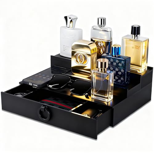 GOH&FTY Cologne Organizer for Men, 3-Tier Perfume Display Stand with Hidden Compartment, Waterproof 5MM Matte Black Acrylic, Smooth Drawers Holds 13+ Bottles, Luxury Dresser/Bedroom Decor Gift