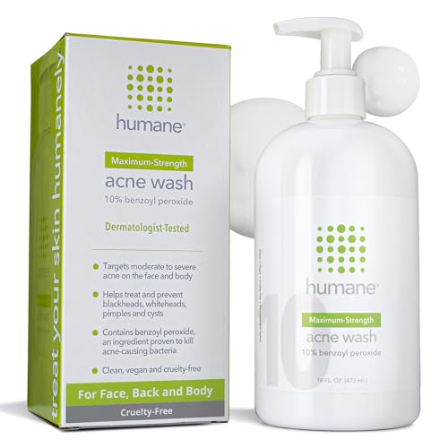 humane Benzoyl Peroxide Acne Body Wash - 10% Maximum-Strength Face, Skin, Butt, and Back Acne Treatment - 16 Fl Oz - Dermatologist-Tested Non-Foaming Acne Face Wash Cleanser - Vegan, Cruelty-Free