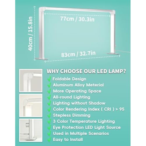 Foldable Half Moon Light for Nail Desk, 48W Square Nail Table Lamp, 33in LED Desk Lamp with Knob, 3 Modes 3000-6000K Dimmable (Silver)