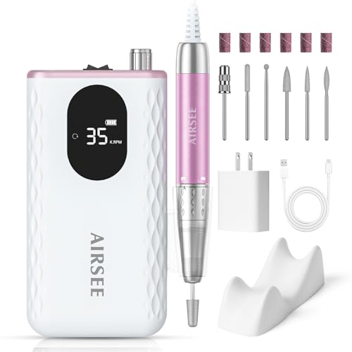 AIRSEE Updated Professional Nail Drill,Rechargeable Cordless Efile Machine for Acrylic Extension Gel Dip Powder Powerful Portable Efile 56 Sanding Bands 7 Bits,Low Noise Low Heat,G7 Pink