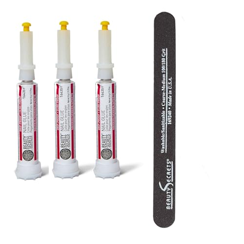 Beauty Secrets Drip & Clog Proof Nail Glue (3 Pack) Bundled with Nail File Black Cushion Medium Coarse 180/100 Grit by Beauty Secrets
