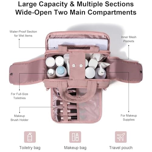 Travel Toiletry Bag, Large Wide-open Puffy Toiletry Bag for Women, Lightweight Quilted Makeup Bag Cosmetic Organizer with Handle Water-resistant Travel Essentials for Toiletries Accessories Dark Pink