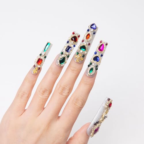 LOVFUL Press on Nails Treasure Trove Rhinestone | Handmade with Full Covered Crystals | Reusable Full Cover Nails | Square Mid length 1.7 in | H103-M