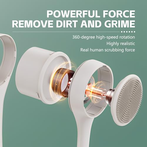 Electric Back Scrubber for Shower - IPX7 Waterproof Rechargeable Dual Handle Power Exfoliating Bath Brush with 3 Heads 2 Speeds for Cleansing, Exfoliating & Massaging Skin (Beige)
