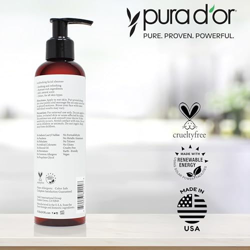 PURA D'OR Facial Cleansing Oil (8 Oz x2 = 16 Oz) Nourishing Botanical Blend with & Vitamin, Jojoba and Sunflower Oil - Gentle Makeup Remover & Deep Cleanser For Healthy, Glowing Skin - Paraben-Free