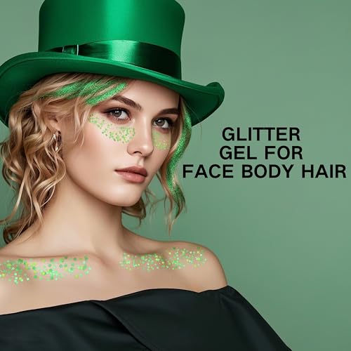 Green Face Glitter Gel,St Patricks Day Body Hair Glitter,Self-Adhesive Holographic Chunky Green Glitter, St Patricks Day Accessories for Women,Kids Rave Festival Carnival Makeup,40g/1.41 oz