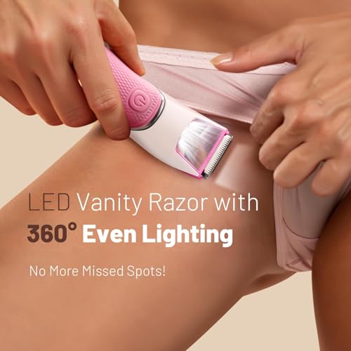 Rechargeable Bikini Trimmer for Women: Pubic Hair Razor with Mirror & LED Light - IPX7 Waterproof Electric Shaver, Travel Lock & Ceramic Blades for Legs Underarm - Light Rose