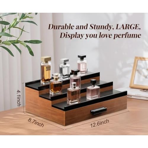 Cologne Organizer for Men ? Black Wood Cologne Stand with Drawer & Storage, 3 Tier Perfume Display Holder for Bedroom, Office, Bathroom ? Ideal Gift for Men, Father, Husband