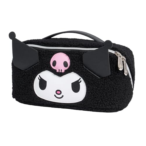 Impressions Vanity Kuromi Unfold Travel Makeup Bag Organizer, Opens Flat Zippered Cosmetic Bag with Cozy Sherpa Fabric Texture, Dual Compartments, Inner Pockets, and Top Carrying Handle
