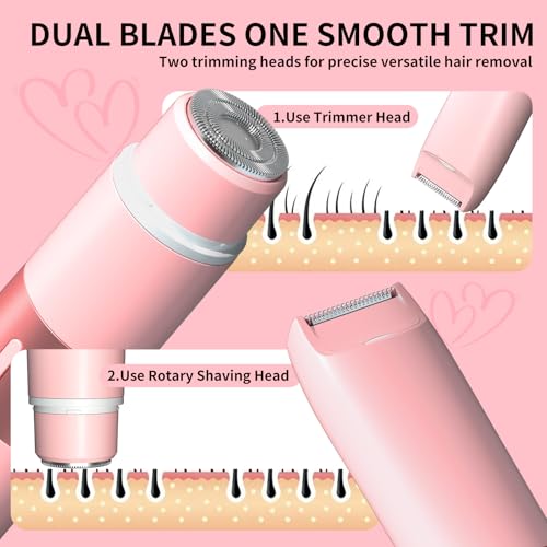 Bikini Trimmer for Women - 2 in 1 Painless Electric Razors for Women, IPX7 Waterproof Rechargeable LED Dual Head Electric Shaver for Lady Bikini Underarm, Body, Leg, Face Hair Remove (Light Pink)