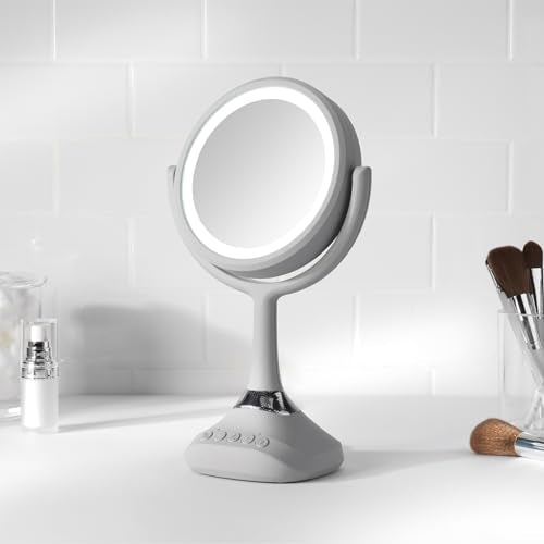Homewerks 76-101-BT 7.5-inch Personal Makeup Mirror with Bluetooth Speakers and LED Lighting, Handheld Bluetooth Vanity Mirror with Lights for Bathrooms, Bedrooms, or Dorm Room Essentials