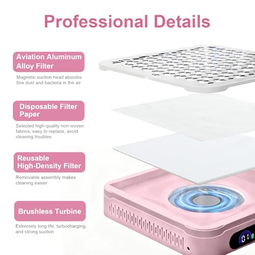 Nail Dust Collector with 10 Speed Settings, Powerful Suction Nail Vacuum, Nail Fan Dust Collector for Beginner, Dust Collector Nail Tech for Acrylic Nail Polishing Manicure Salon Home (Pink)