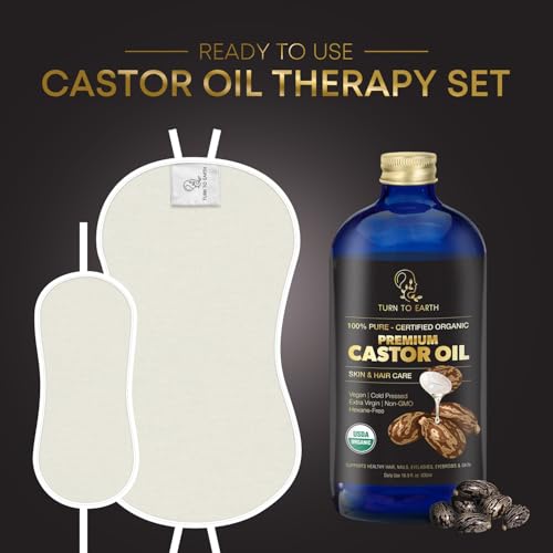 Castor Oil Wrap Kit with Premium Castor Oil and Reusable Organic Abdomen and Neck Detox Wellness Pads with Adjustable Tie Straps, Easy to Use, Mess Free Wellness Pack