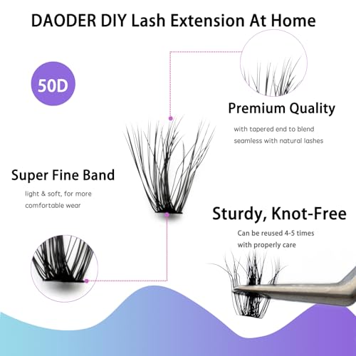DAODER Short Lash Extension Kit 50D Natural Lash Clusters Wispy Fluff Eyelash Extensions D Curl Individual Lashes 9-13MM Thick Eyelashes Clusters Bond and Seal(Thick Short Eyelash Extension Kit 50P)