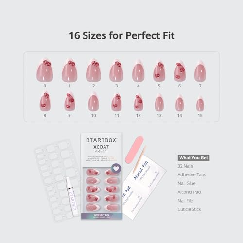 BTArtbox French Tip Press On Nails - Date Night, Lamp-Curable 3D Red Lips Short Almond Press On Nails with Glue and Adhesive Tabs for Women in 16 Sizes - 32 Nails All-in-One Kit