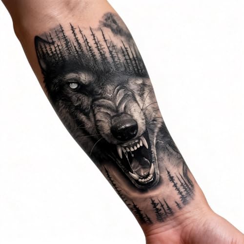 2 Sheets Realistic Animal Temporary Tattoos Stickers Forest Wolf Tree Designs For Men Waterproof Arm Leg Fake Body Art, Gym & Parties Bold Masculine Decals