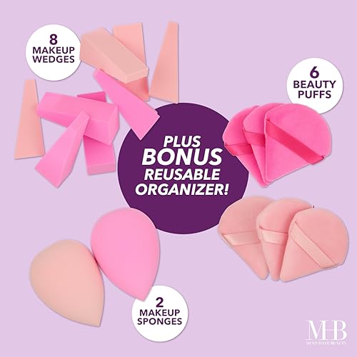 16pc Makeup Blender Set - Pink Makeup Sponges & Beauty Essentials Organizer | Assorted Beauty Blenders, Makeup Sponges and Wedges For Flawless Makeup Application