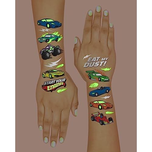 xo, Fetti Cars Glow in Dark Temporary Tattoos - 42 pcs | Monster Truck Birthday Party Supplies, Race Car Favors Decorations
