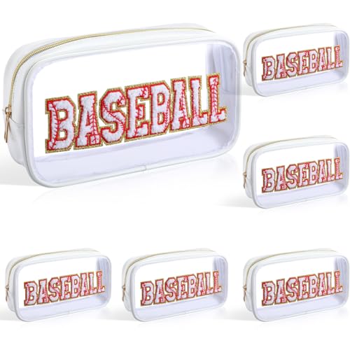 6 Pcs Baseball Clear Cosmetic Makeup Bag with Chenille Letter Patch Sport Goodie Clear PVC Pouch Organizer Waterproof Travel Toiletry Bags for Sports Theme Birthday Party Supplies